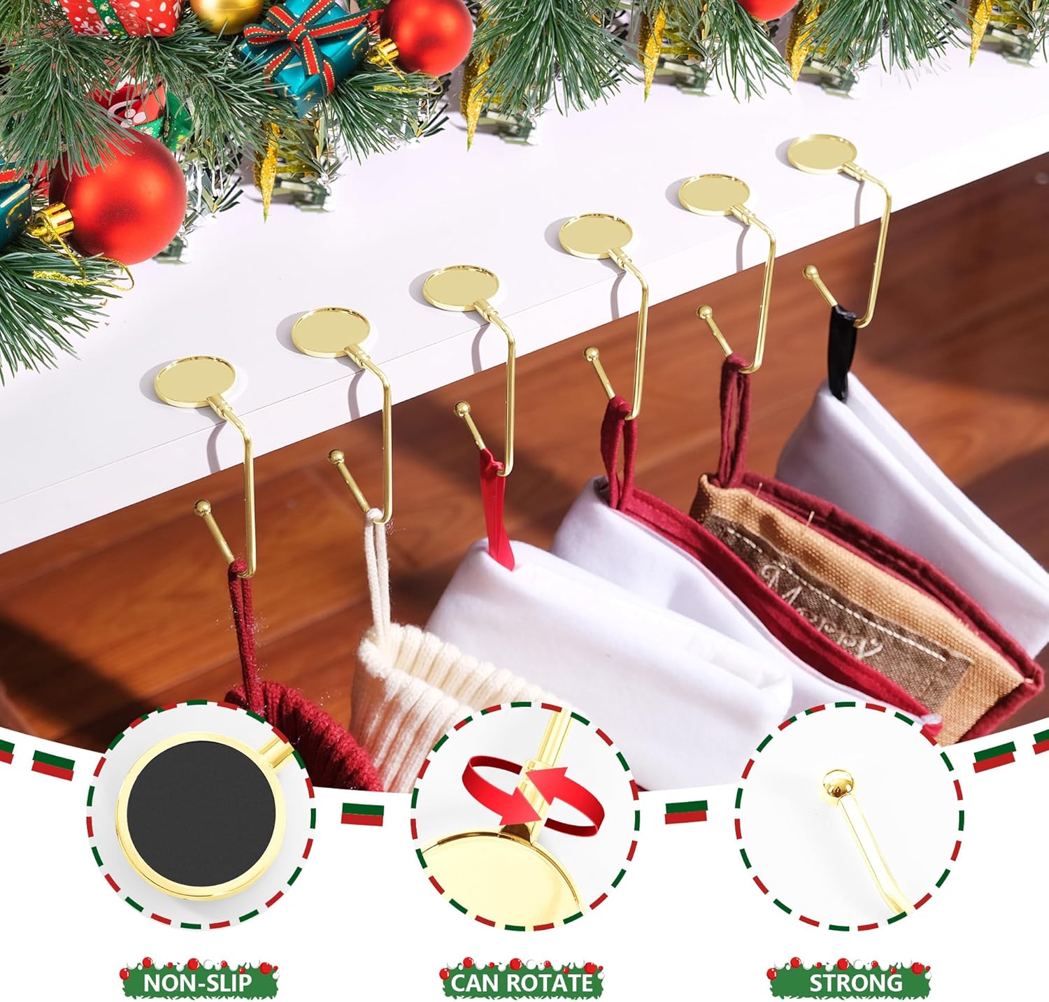 Christmas Stocking Holders for Mantle, Upgrade Non-Slip Christmas Safety Stocking Holder Mantle Hooks Hanger Grip for Party Decoration(Gold-4P)